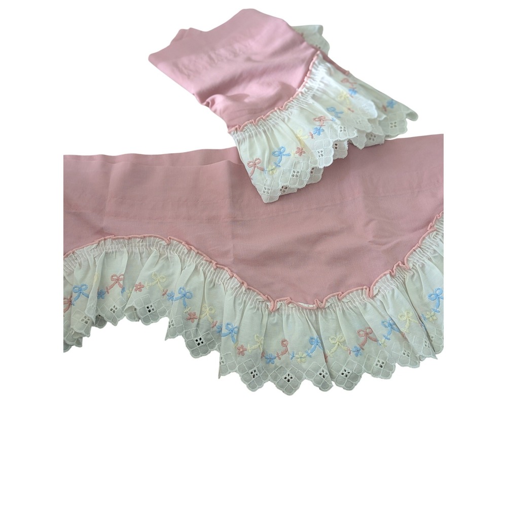 Vintage Pink Embroidered Bow Floral Eyelet‎ Valances Curtains 60 inch Wide